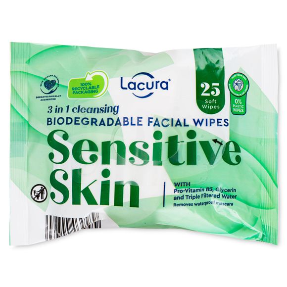 Lacura 3 In 1 Biodegradable Facial Wipes For Sensitive Skin 25 Pack